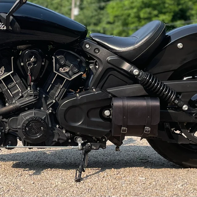 Dark brown leather swingarm bag on a black Indian Scout